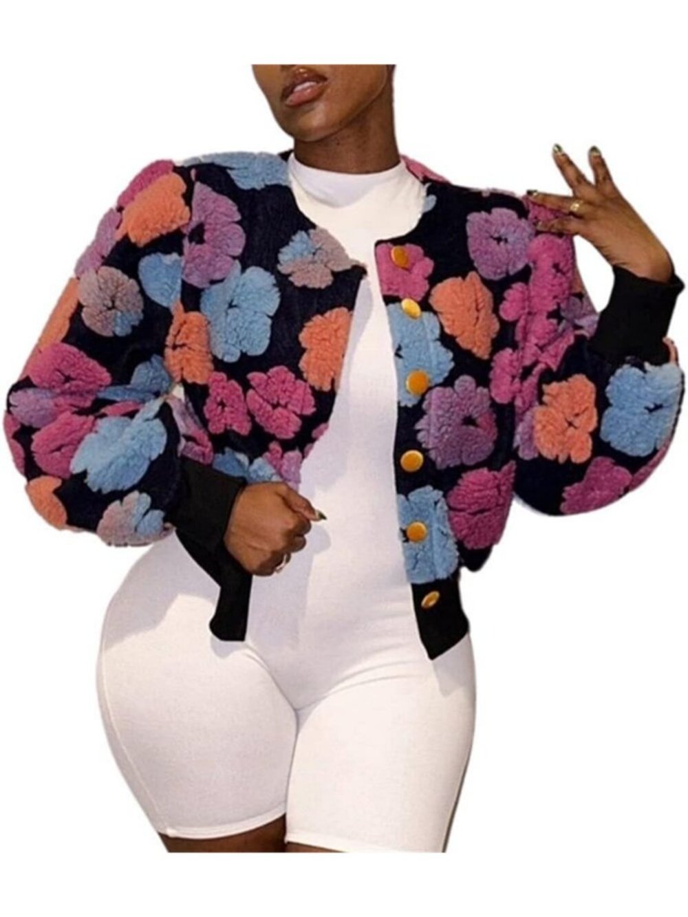 Cropped Floral Print Women's Bomber Jacket | Cozy Fleece Coat for Stylish